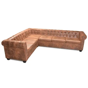 Chesterfield hoekbank 6-zits kunstleer bruin Chesterfield hoekbank 6-zits kunstleer bruin