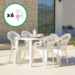Buitenset wit 170x90x73cm + 6 stapelbare stoelen van gerecycled plastic Buitenset wit 170x90x73cm + 6 stapelbare stoelen van gerecycled plastic