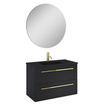 Atlantic Badkamermeubelset Stella met Spiegel en Zwarte Wastafel – Mat Zwart 80 cm