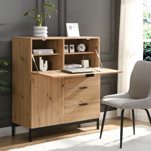 Bureaukast met 2 deuren en 3 laden – MDF en metaal – Naturel – ERWIN – Koop nu online