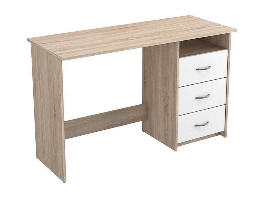 Aristote Natuurlijke en witte bureau met 3 laden en opbergruimte, gemaakt in Frankrijk, doe-het-zelf montage, MDF hout
