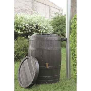 4Rain regenton Vino 250 L houtlook kunststof  65 x 65 x 93 cm met kraantje en vulautomaat